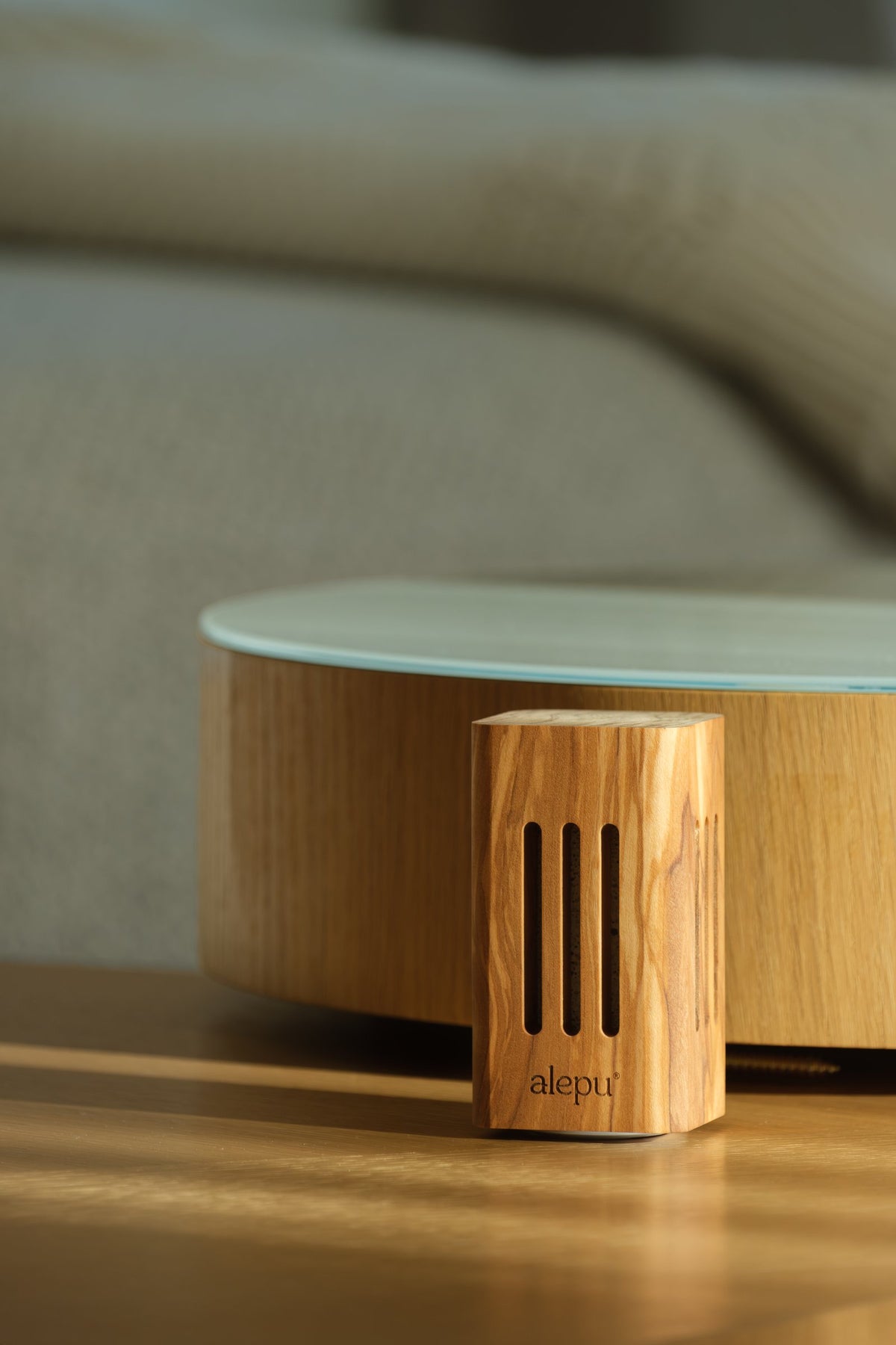 The square olive wood diffuser standing in front of a low round table