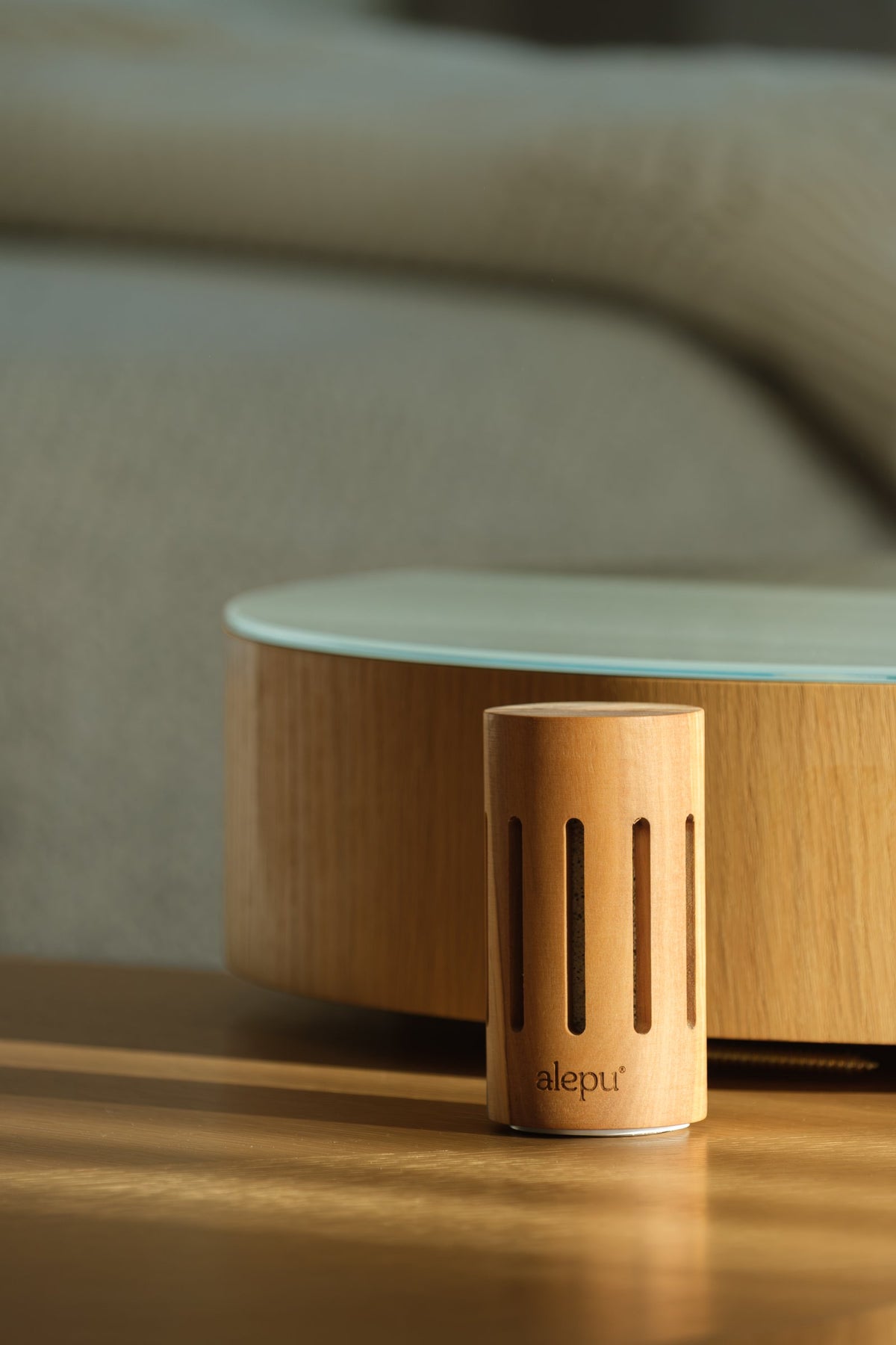 The round olive wood diffuser standing in front of a low round table