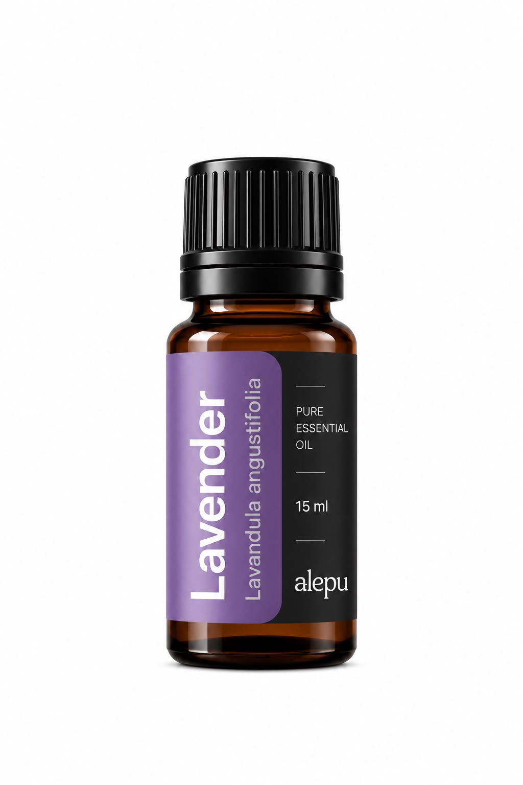 An amber glass bottle of Alepu Lavender essential oil with a lilac label, 15 ml