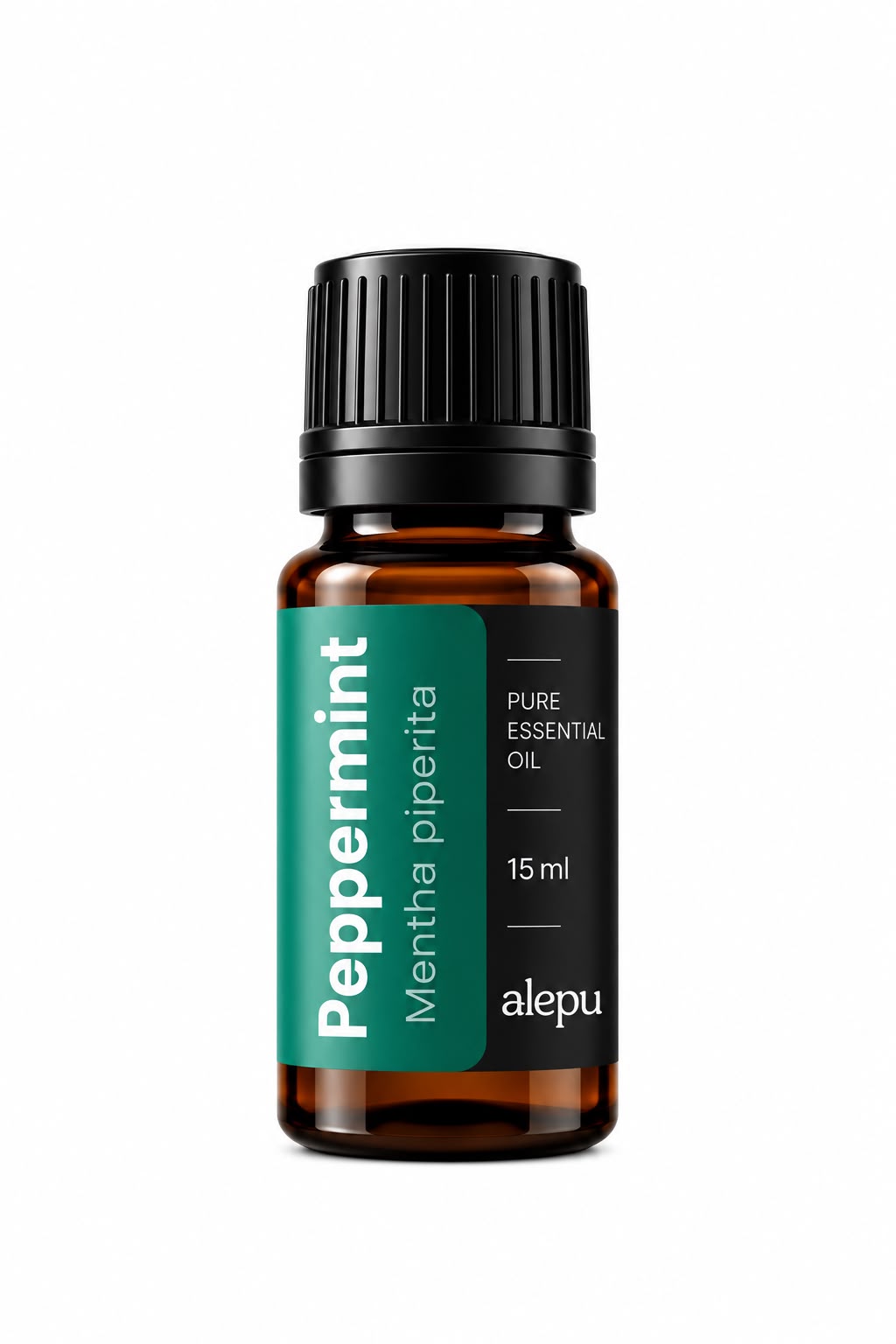 An amber glass bottle of Alepu Peppermint essential oil with a green label, 15 ml