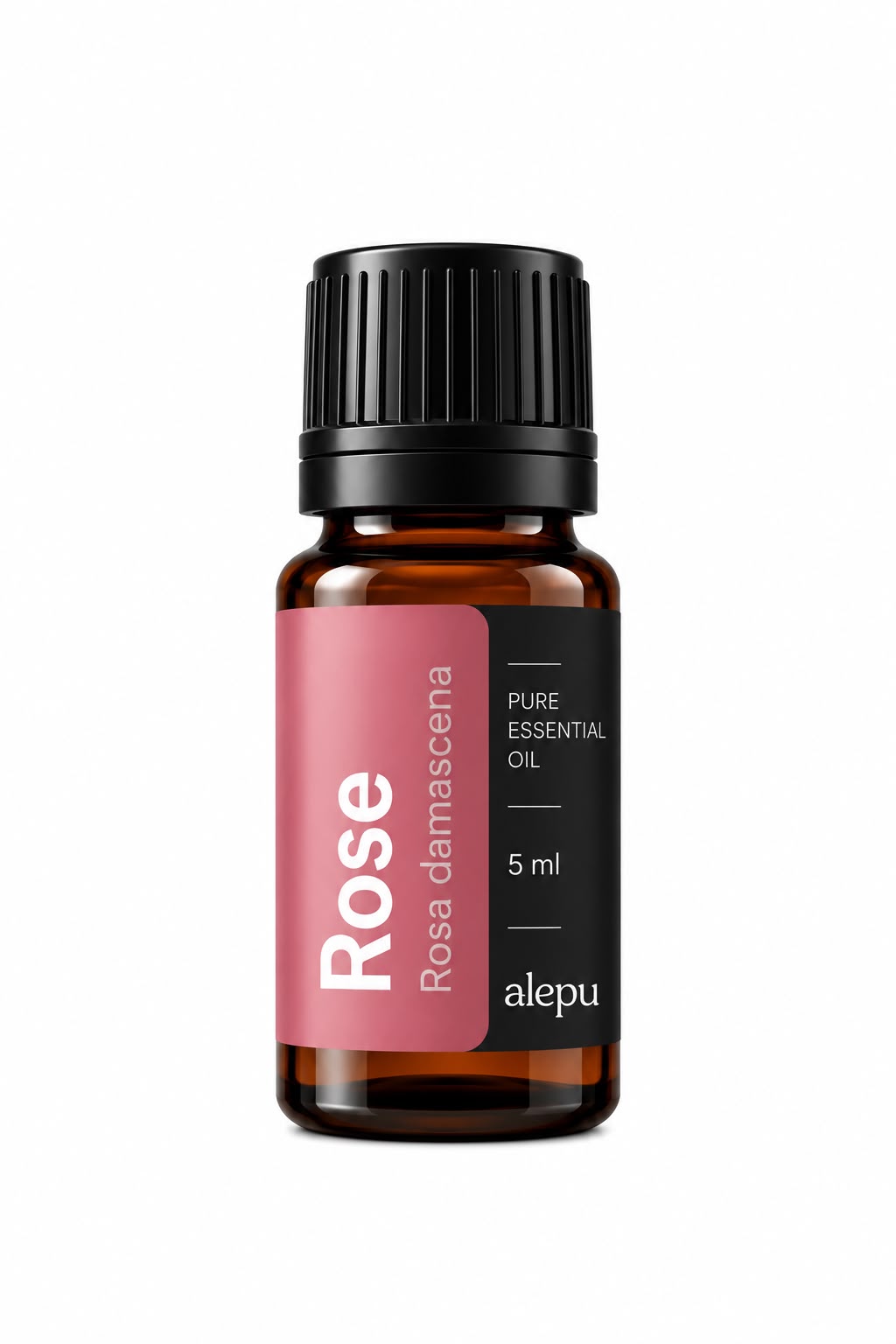 An amber glass bottle of Alepu Rose essential oil with a pink label, 5 ml