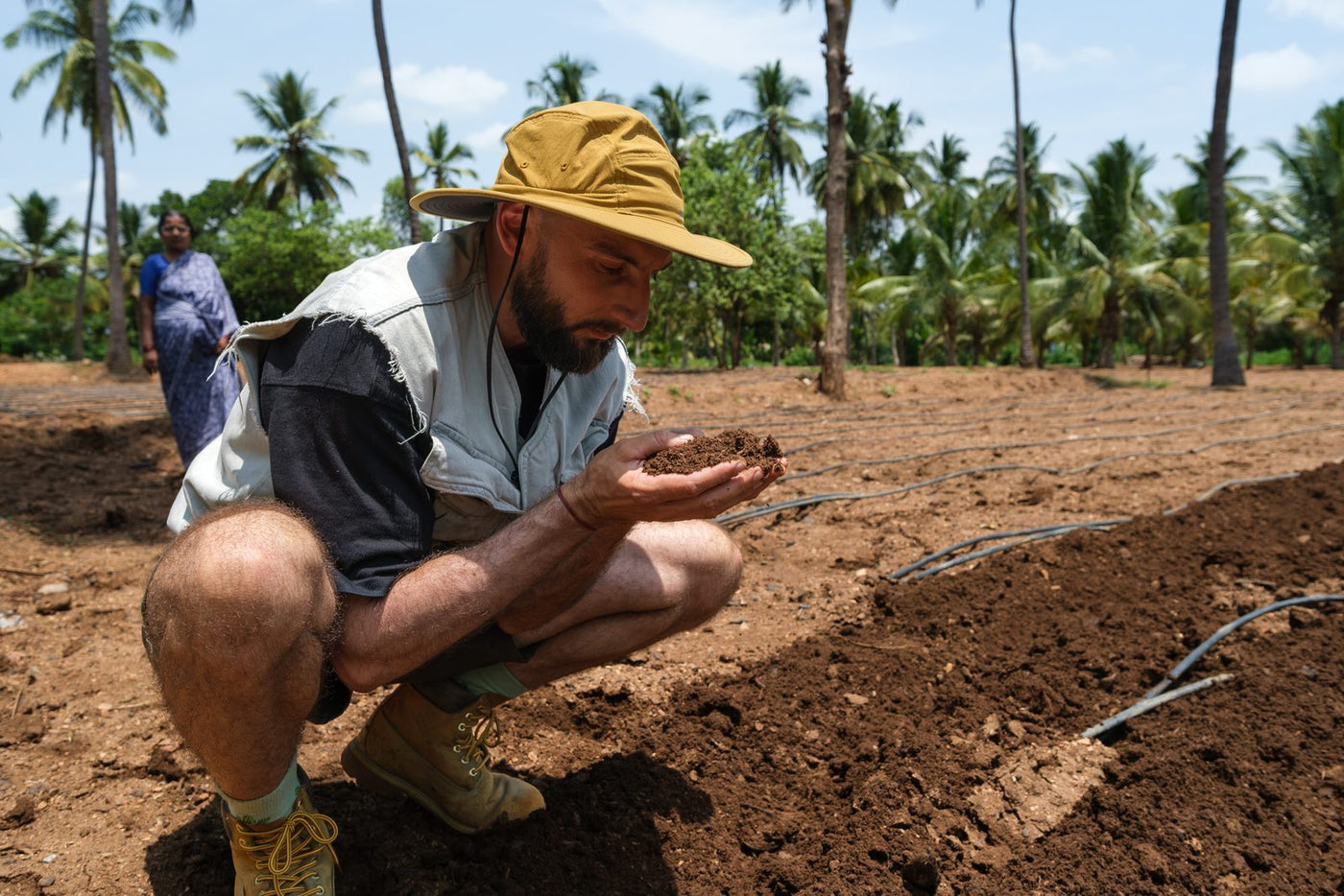 A grower crouching in a freshly worked field, holding a handful of soil up to look at it